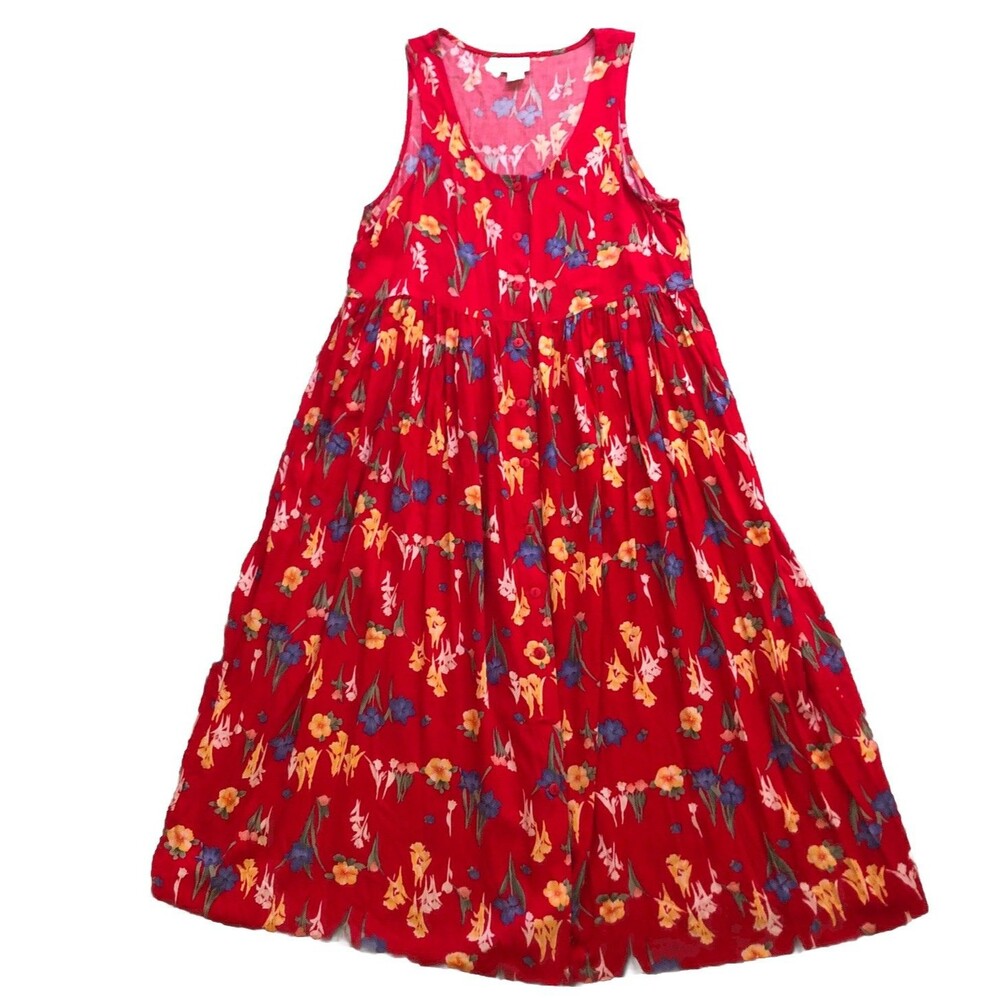 Sleeveless Red Floral Tiered Midi Dress